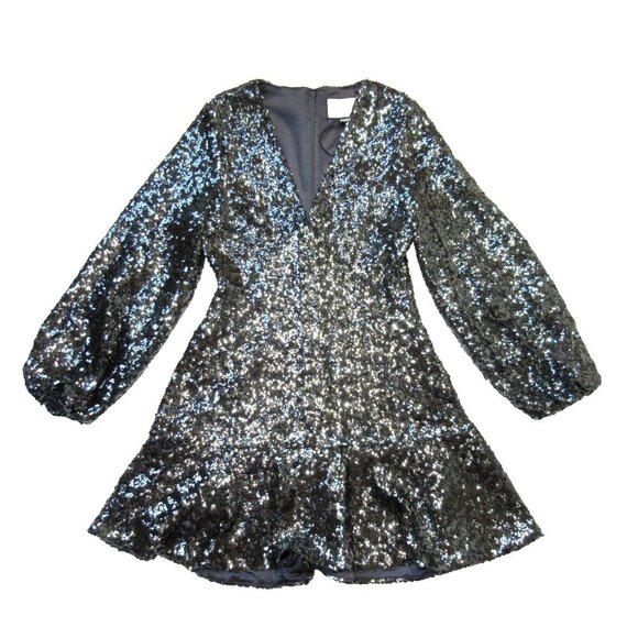 NWT Alexis Renada in Grey Silver Sequin Balloon Sleeve Fit & Flare Dress M - Picture 2 of 9